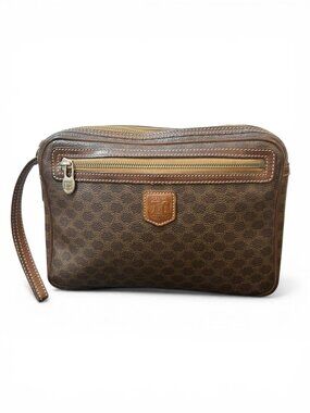 Vintage Celine Macadam Brown Monogram Clutch Bag Wristlet with Leather Trim